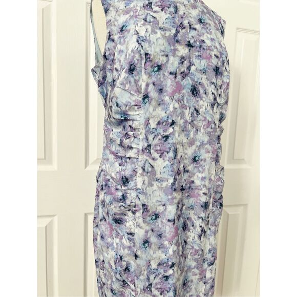 Hal Rubenstein Ruched Purple Floral Print Round Neck Sheath Dress Size 14 NWT - Picture 2 of 7